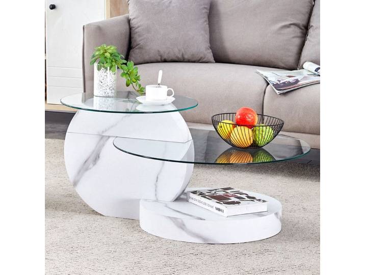 Table basse - Design à plusieurs niveaux - Verre de sécurité - MDF aspect marbre blanc - 90x70x44 cm