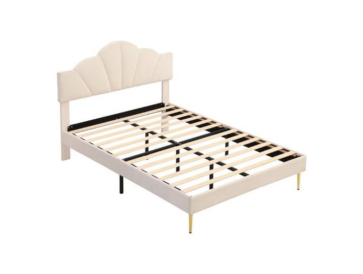 ROVRYN Lit double rembourré 140 x 200 cm en velours beige tête de lit coquillage réglable pieds dorés