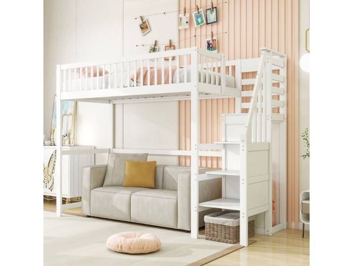 Lit mezzanine - LEYTN - 90x200 cm - Bois massif - Escalier de rangement - Blanc