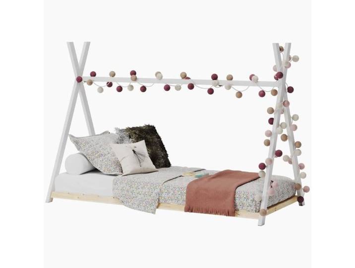 WEBER Lit cabane enfant Montessori- Pin massif - Blanc - Sommier inclus - 90x190 cm - Modèle SIOUX