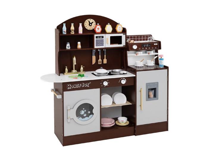 COSTWAY Spielküche Holz, Kinderküche mit Mikrowelle, Spüle, Holz
