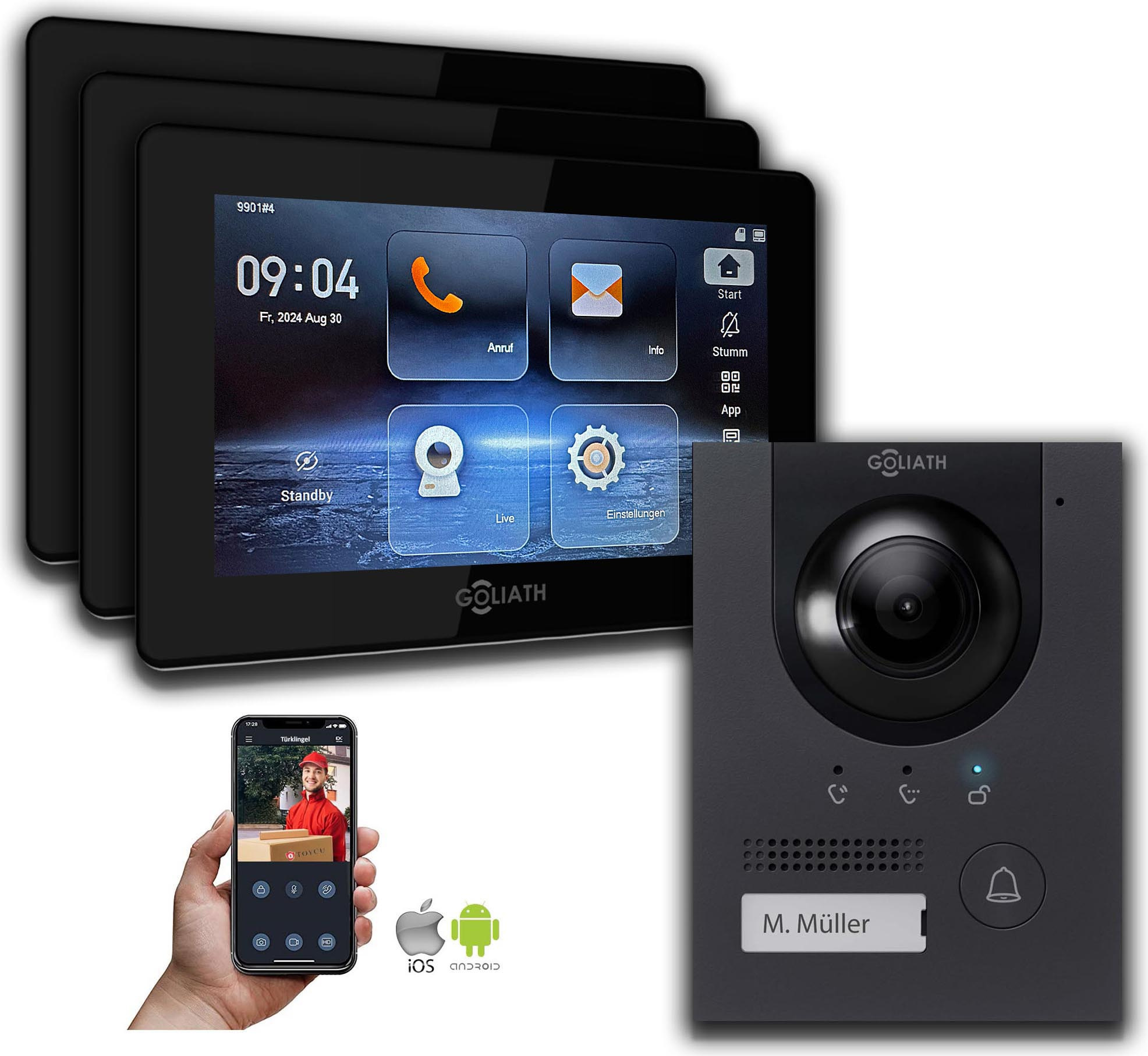Goliath Kompakt Line IP-Video-Türsprechanlage GL-IPH192.6 für 1 Familie - 3 Monitore (7 Zoll, schwarz), mit Aufputzdose : 3 Monitore : 7 Zoll Schwarz : Aufputz Dose Monitor Anzahl: 3 Monitore Monitor Farbe: 7 Zoll Schwarz Montage: Aufputz Dose