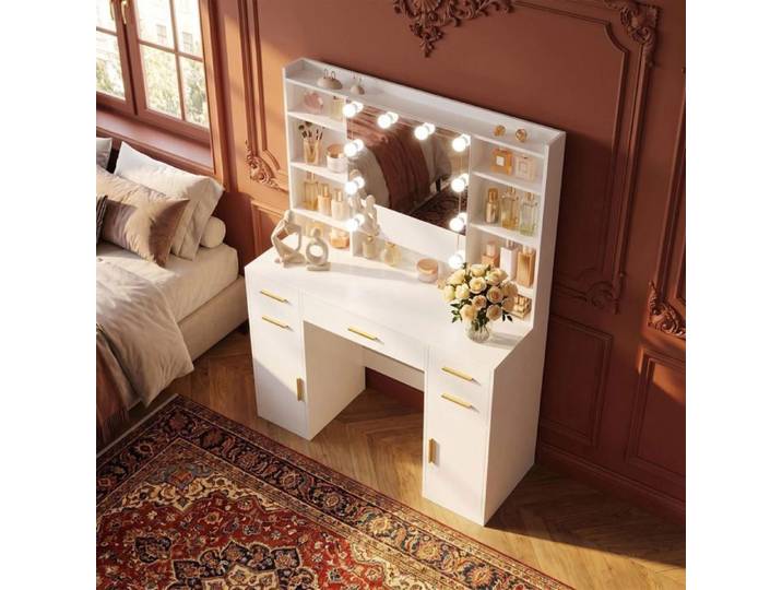 Coiffeuse 108 cm avec Miroir 10 Lumières LED Réglables Tiroirs Armoire Étagères Miroir avec Étagères Cachées Blanc