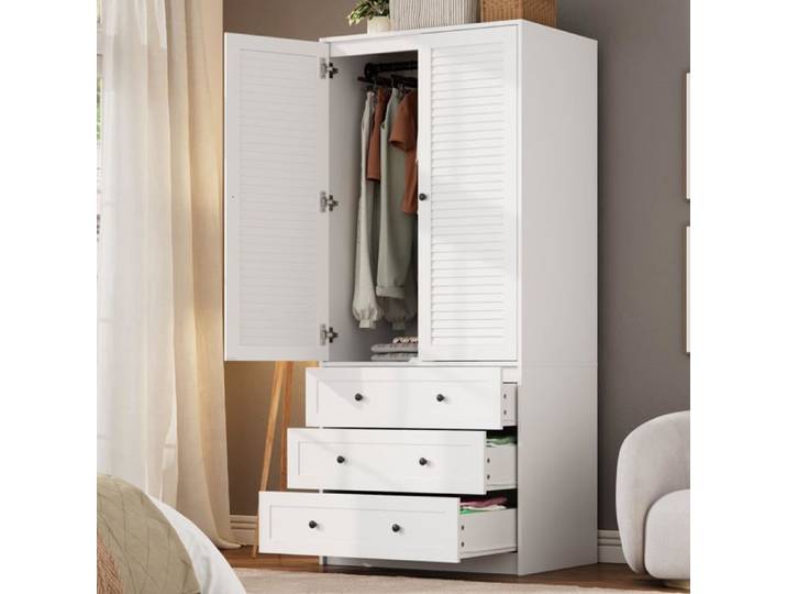 Armoire XL Blanche : 3 Tiroirs 2 Portes à Persiennes et Penderie intégrée. Meuble moderne en bois robuste grande capacité