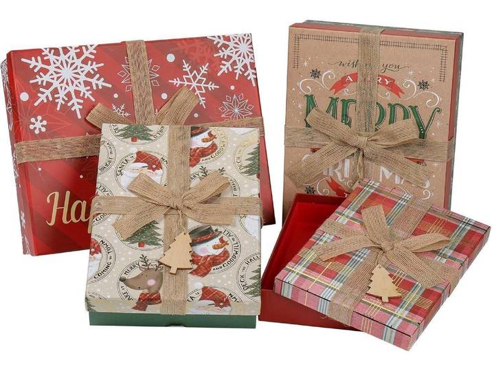 Geschenkboxen Weihnachten Rechteckig mit Deckel & Schleife 4er Set Mehrfarbig