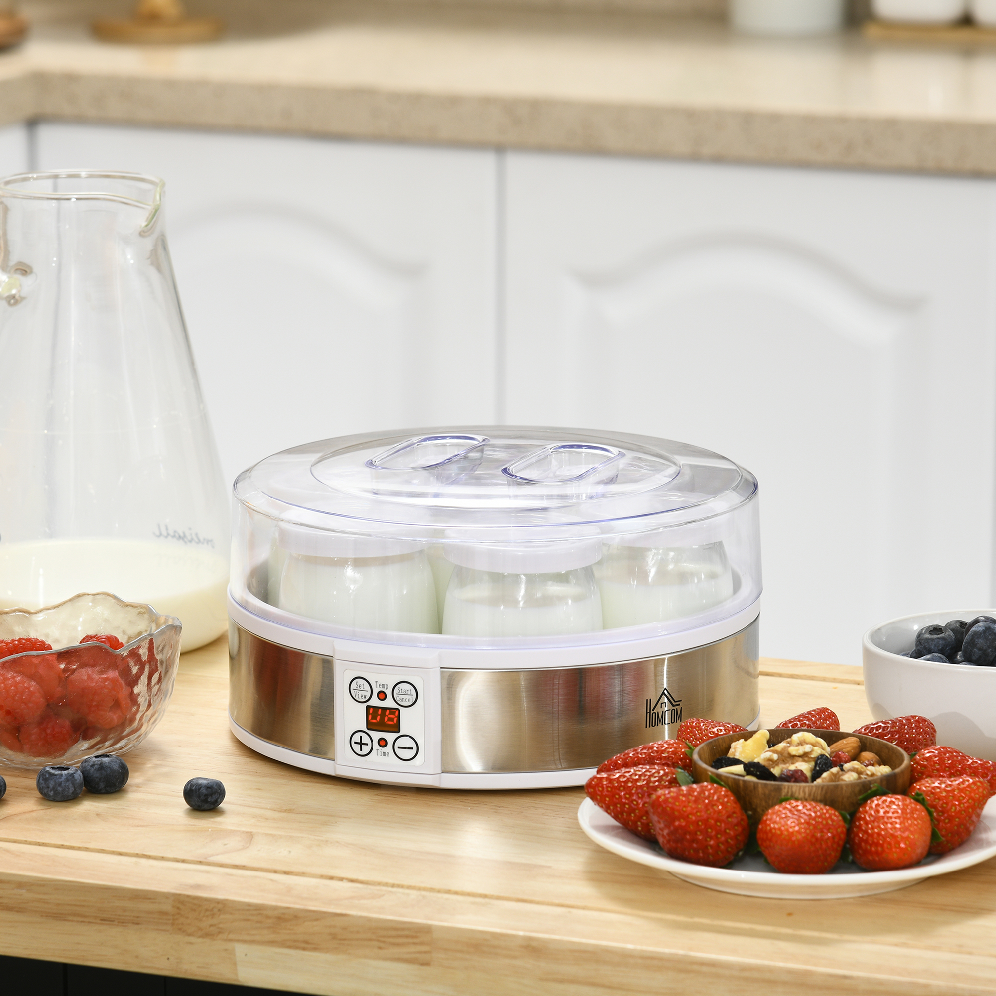Homcom Yogurtiera 20W da 1.5L con 7 Vasetti e Display a Pulsanti, in Acciaio Inox e Plastica, 24x24x13 cm, Bianca Aosom
