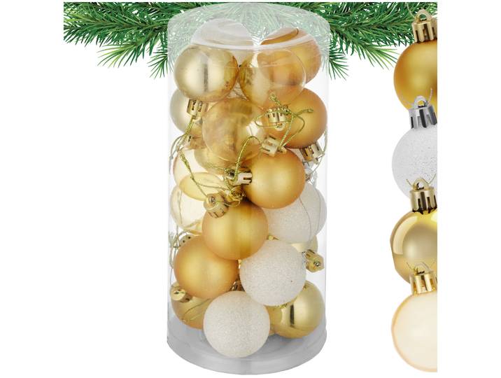 24 Christbaumkugeln unzerbrechlich in Weiss/Gold - gold/weiss