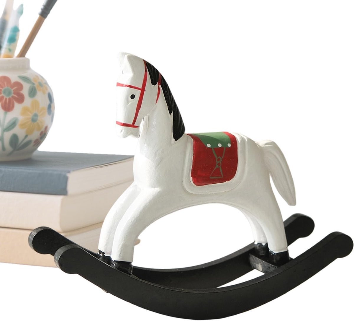 Schommelpaard Ornament Wit - Handgesneden Paarden Beeld voor Woonkamer Decoratie - B/D/H: 23 x 18.5 x 7 cm