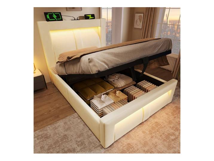 HAUSS SPOLE Stauraumbett mit LED,90x200 Polsterbett Jugendbett mit Kopfteil ohne Matratze