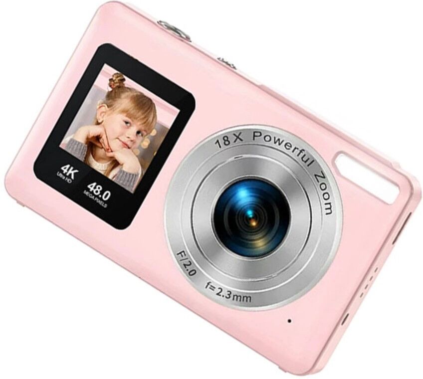 INF Dual-Bildschirm-Digitalkamera mit dualen IPS-Displays, 4K 30fps, 18x Digitalzoom, echte 5MP AF-Linse Rosa