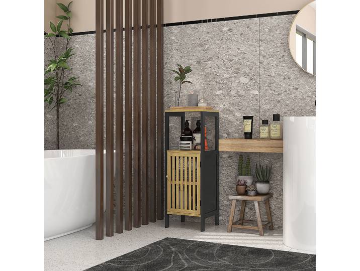 HOMCOM Meuble SDB Bambou 1 Porte 32x30x90,5cm Noir/Bois