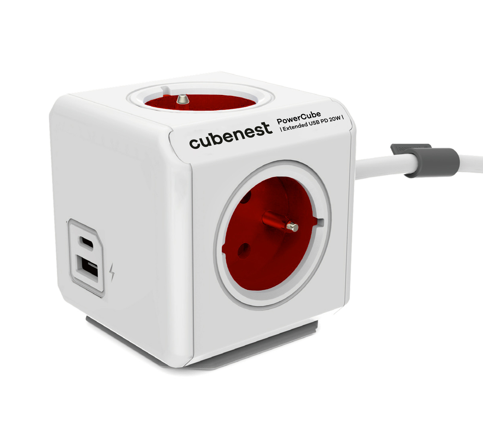 PowerCube CubeNest Extended USB PD 20W stekkerdoos met A+C poorten, 1,5 meter verlengkabel, rood