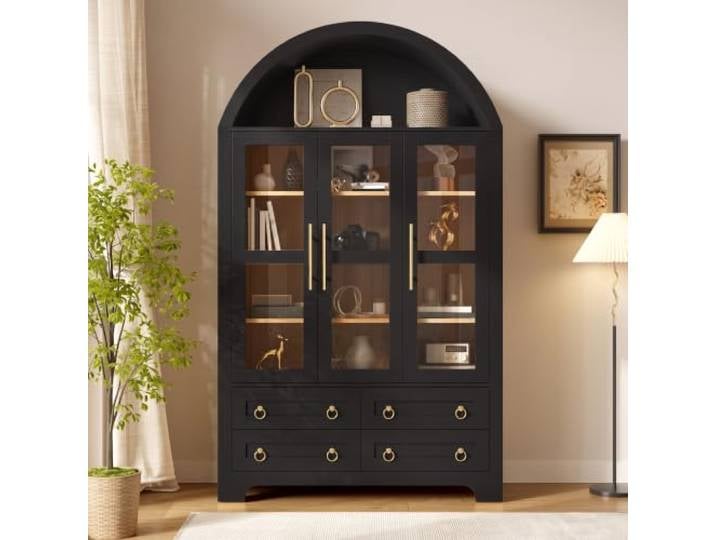 Merax Sideboard 110x40x185 cm mit 3 Glastüren, 4 Schubladen & Rundbogen-Fach – Schwarz