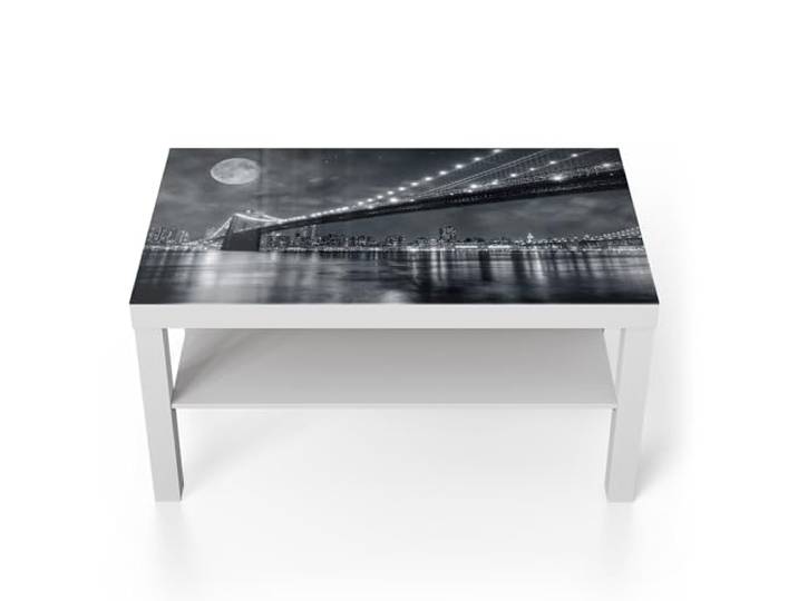 DEQORI Glastisch weiß groß 90x50 cm Motiv Mond über Manhattan ausgefallener Beistelltisch aus Glas Hochglanz Couchtisch fürs Wohnzimmer moderner Couch Tisch mit Design