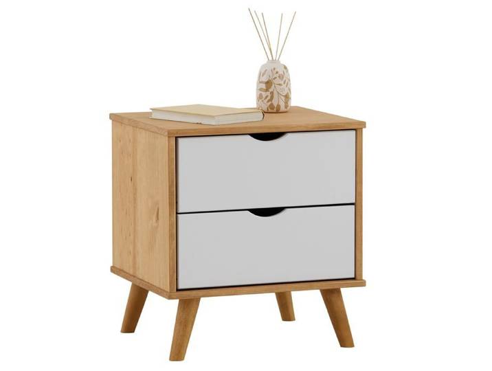 Table de chevet COLIMA en pin massif avec 2 tiroirs table de nuit en bois sur pieds coloris blanc et naturel