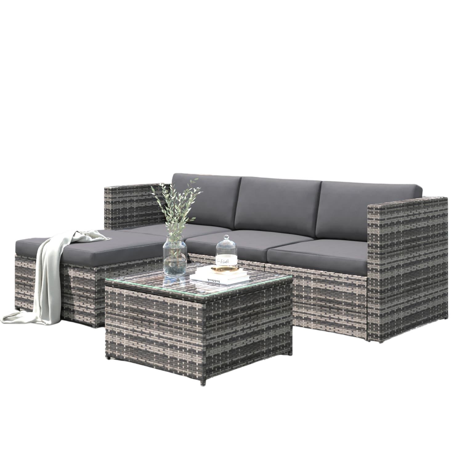 Polyrattan Lounge-Sofagarnitur, Lounge-Gartenmöbel, Ecksofa, Couchgarnitur mit Sitz- und Rückenkissen, Lounge-Tisch mit Glasplatte, Grau