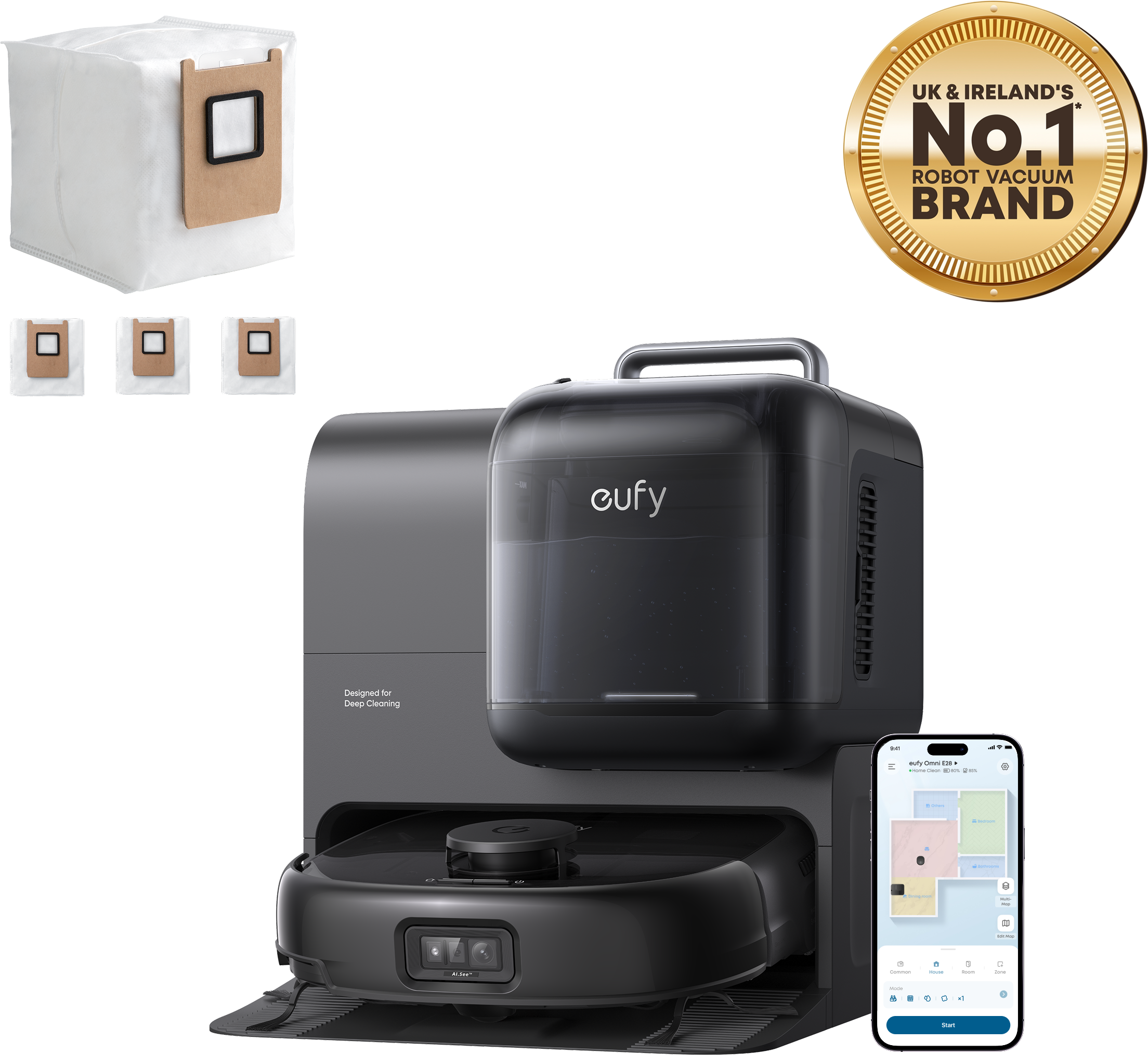 eufy Robot Vacuum Omni E28 with 3 Extra Dust Bags Black