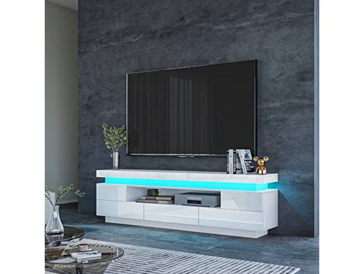 Senvoziii TV Lowboard 150cm Weiß mit 5 Schubladen & Klappdeckel Offenes Regal TV Schrank Fernsehschrank LED Licht für Wohnzimmermöbel 150x35x52 cm
