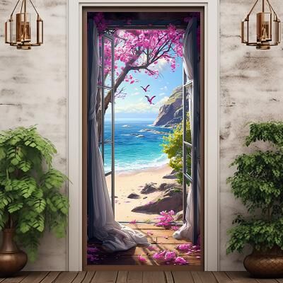 LightInthebox Window View Beach Door Covers Mural Decor Door Tapestry Door Curtain Decoration Backdrop Door Banner Removable for Front Door Indoor Outdoor Home Room Decoration Farmhouse Decor Supplies