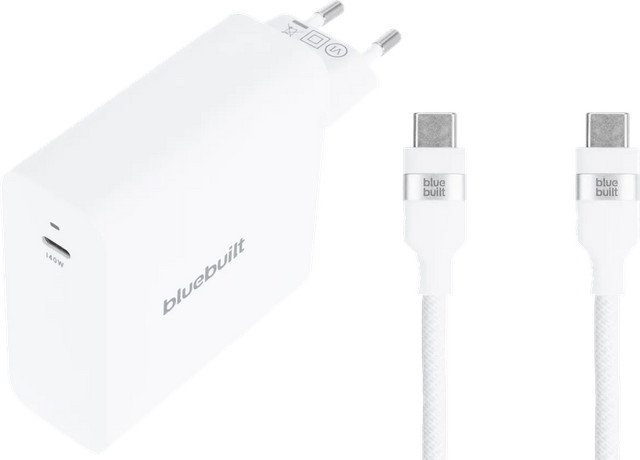 BlueBuilt 140W GaN USB-C Oplader Wit met 240W USB-C Nylon Kabel 2m Wit