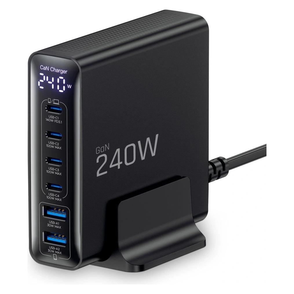Tech-Protect DC240W-GAN 6-PORT DESKTOP CHARGER PD 240W / QC3.0 BLACK (240 W, 6 Ports) (5906302390878)