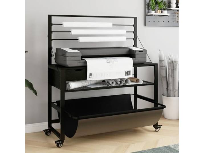 PUNCIA 120 cm Plotterständer mit Vinylhalter auf Rollen für Schneideplotter Foliendruckertisch mit Stauraum Schublade Sockel für Großformatdrucker Großen Plotter Schneidemaschine Bastelwagen Schwarz