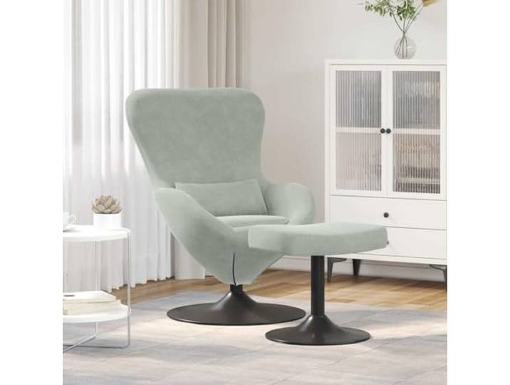 Eierstuhl Mit Fußhocker Hellgrau Samt Loungesessel 360-Grad Schwenkfuß 360-Grad-Rotation, weicher Samtbezug, schräge Armlehnen, modernes Design, pflegeleicht, Wohnzimmer, Schlafzimmer