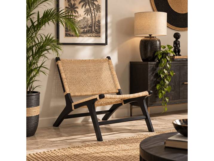 Fauteuil en teck et rotin noir 65x78x68 cm