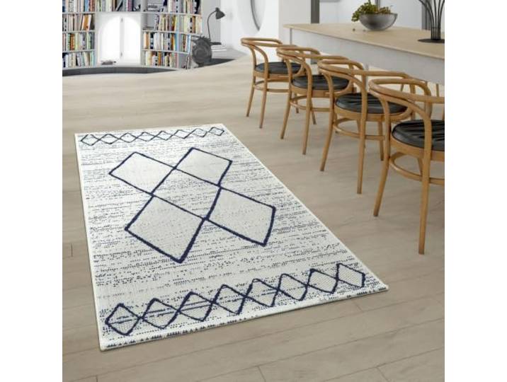 Paco Home In- & Outdoor Flachgewebe Teppich Geometrisch Skandinavisches Motiv In Weiß Blau, Grösse:80x150 cm
