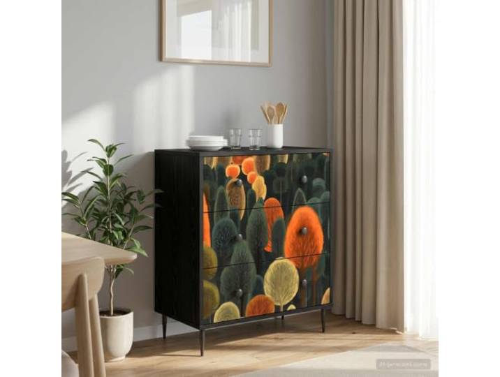 Kommode Schwarz 66 x 36,5 x 76 cm, ZAANDAM Waldmuster Holzwerkstoff 3 Schubladen, pulverbeschichtete Stahlgriffe, erhöhte Füße, 30 kg Traglast, Waldmuster