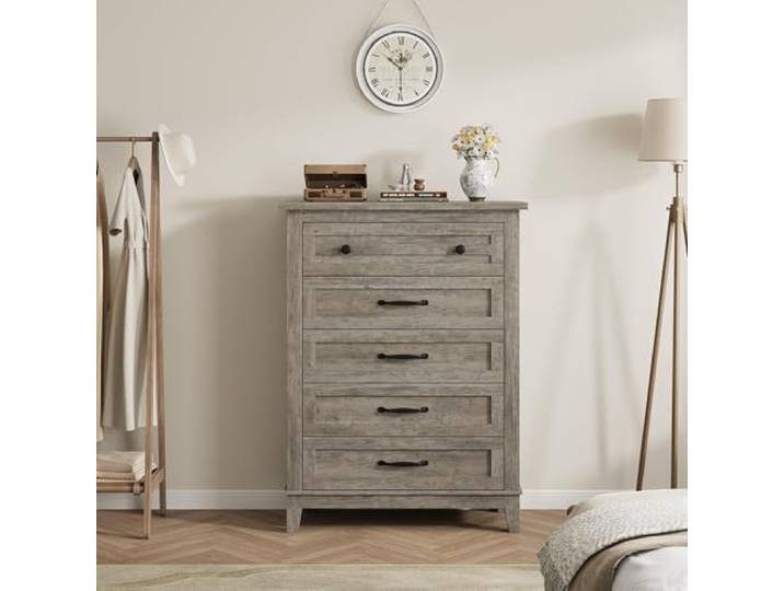 GarveeMore Hohe 5-Schubladen-Kommode aus Holz –klassisch Grau 105 cm freistehender Aufbewahrungsschrank mit tiefen Schubladen für Schlafzimmer, Wohnzimmer & Flur