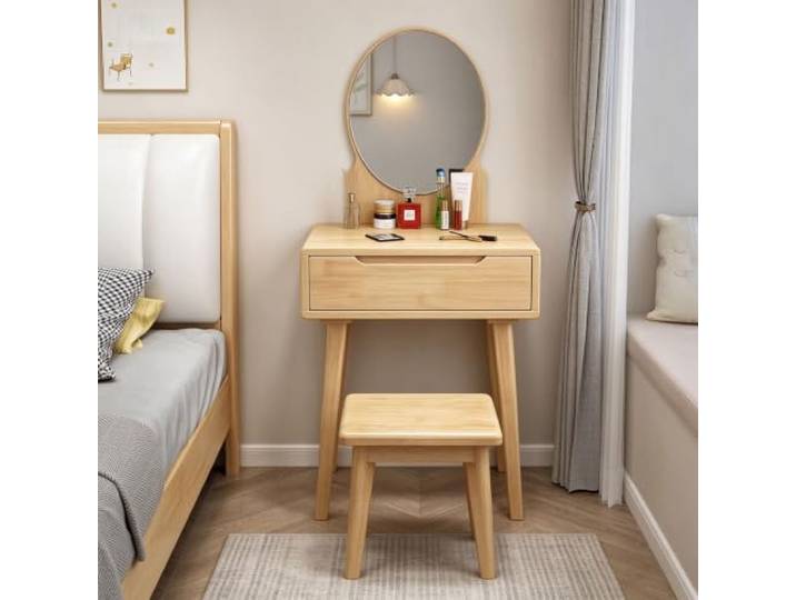 Schminktisch-Set aus Massivholz mit ovalem,kristallklaren HD-Spiegel Hocker Schminktisch Gummibaumholz mit Schublade,eingelassenem Griff,Holzschienen,Schlafzimmer Schminktisch für Frauen(Natural 1)