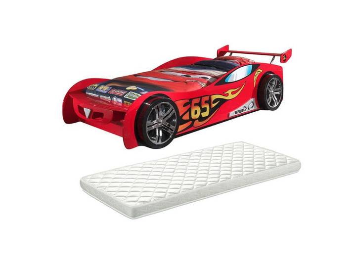 TURBO - Lit Voiture Racing 90x200cm Motifs Flammes + Matelas
