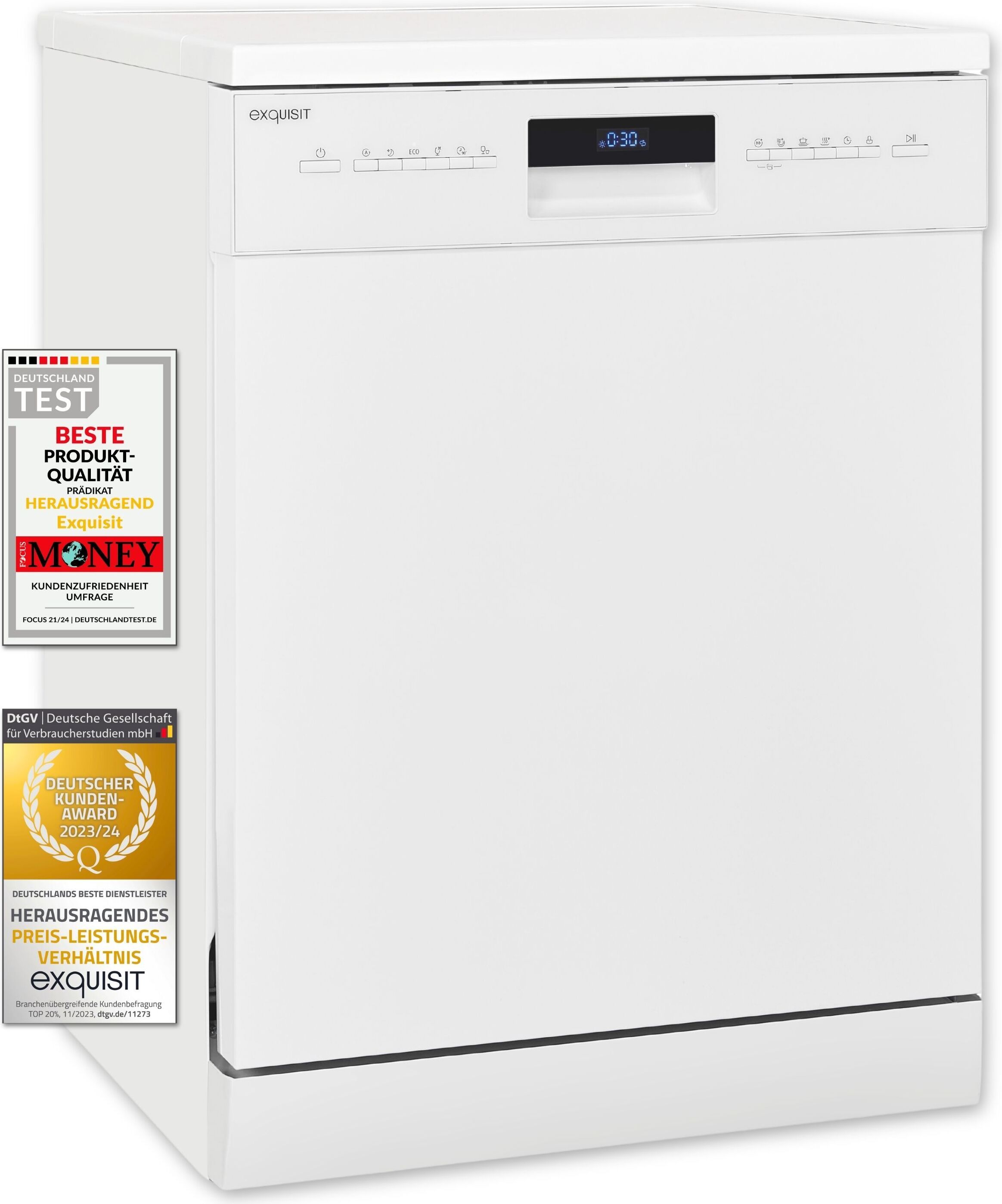 Exquisit Geschirrspüler GSP9614-030B weiss | Spülmaschine 60 cm | Aquastop | Maßgedecke: 14 | Auto Türöffner | Restlaufzeiten Anzeige | Unterbaugerät