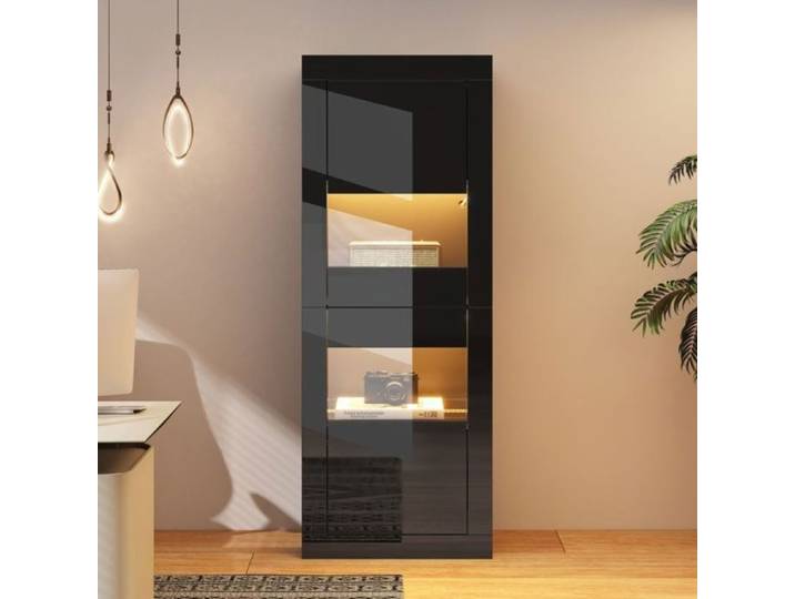 Vitrine noire laquée 61x42x162 cm avec éclairage LED 1 étagère en verre vitrine autoportante armoire haute meuble de