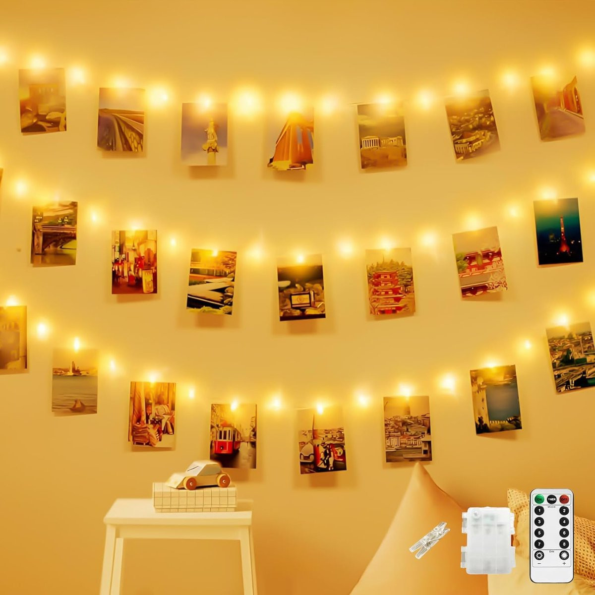 100 Led fotoclip-lichtslinger met 10 meter batterijgevoede kerstverlichting