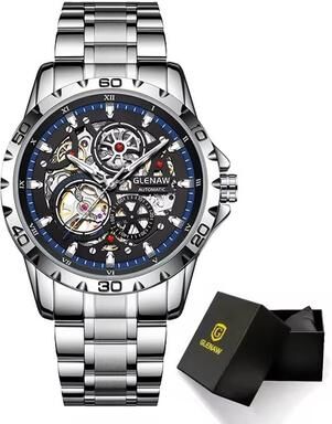 Inspired Finds GLENAW Steampunk Skeleton Automatic Men's Watch Luxury Mechanical Watch With Luminous Waterproof Design blue