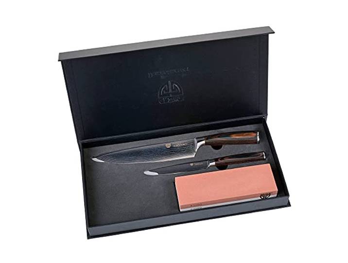 GRÄWE Damastmesser-Set 3-teilig - Kochmesser, Gemüsemesser, Wetzstein 1000/3000