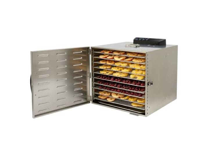 Dörrautomat 10 Etagen 1000W Edelstahl Breite 40cm für Obst Gemüse 30-90°C & 0-24H Timer, 10 Gitterschalen 39x28cm, 50dB, Rückstandsschale, für Fleisch, Kräuter, Bäckerei & Café