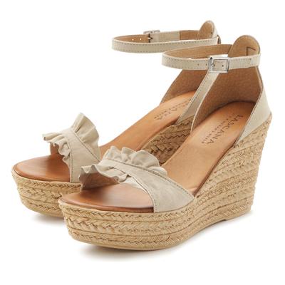 Sandalette LASCANA "Sommerschuh, offener Schuh, Sandale, Keilsandalette", Damen, Gr. 39, Rindsleder Ziegenleder, beige, Obermaterial: 50% Rindsleder, 50% Ziegenleder. Decksohle: 100% Rindsleder. Futter: 50% Rindsleder, 50% Ziegenleder. Laufsohle:...