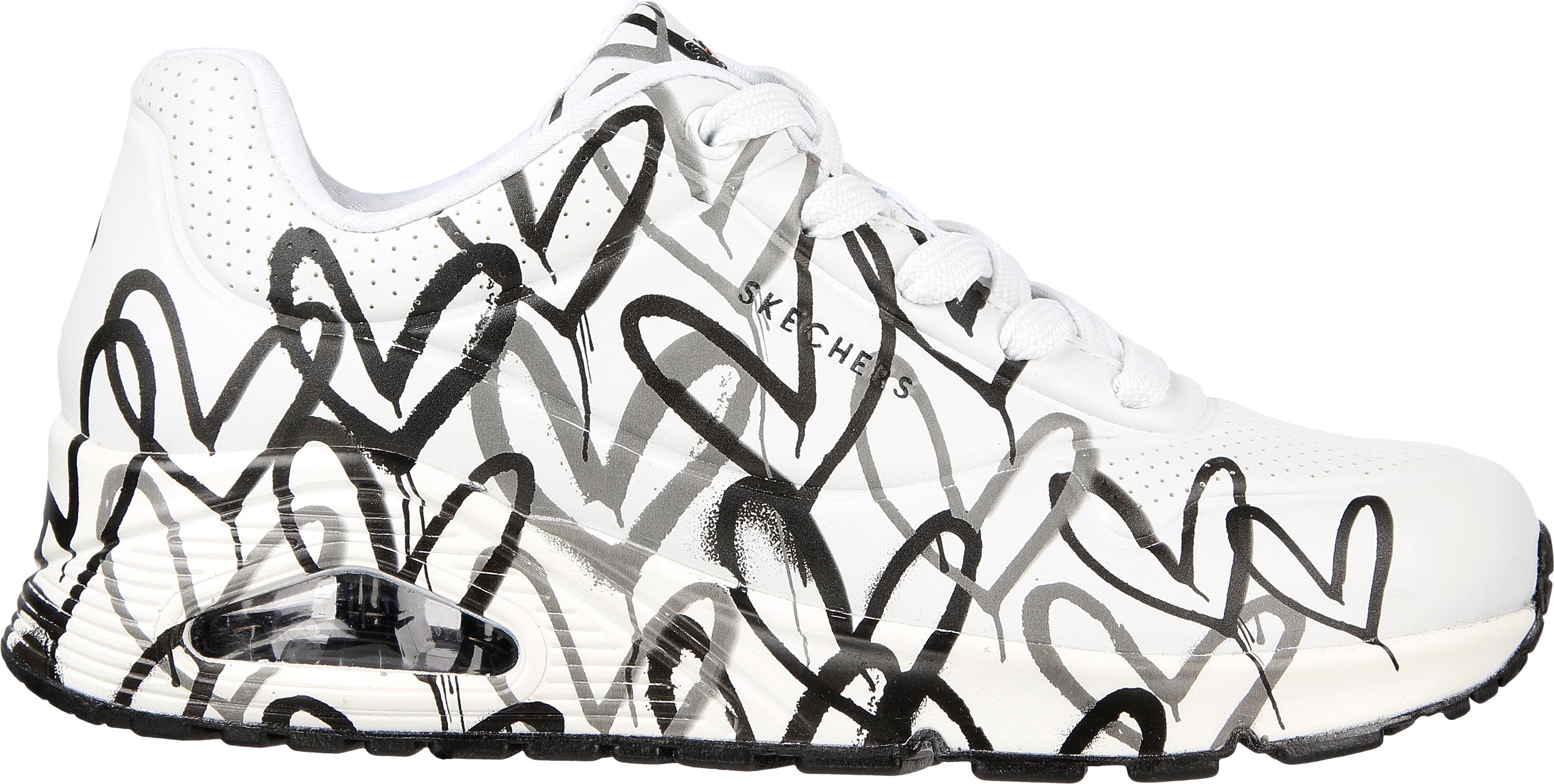 Wedgesneaker SKECHERS "UNO-SPREAD THE LOVE", Damen, Gr. 36, Textil, schwarz (weiß, schwarz 2), Lederimitat, kontrastfarbene Details, Schuhe Wedgesneaker, Freizeitschuh, Halbschuh, Schnürschuh mit coolem Graffiti-Print weiß, schwarz 2 36, Textil