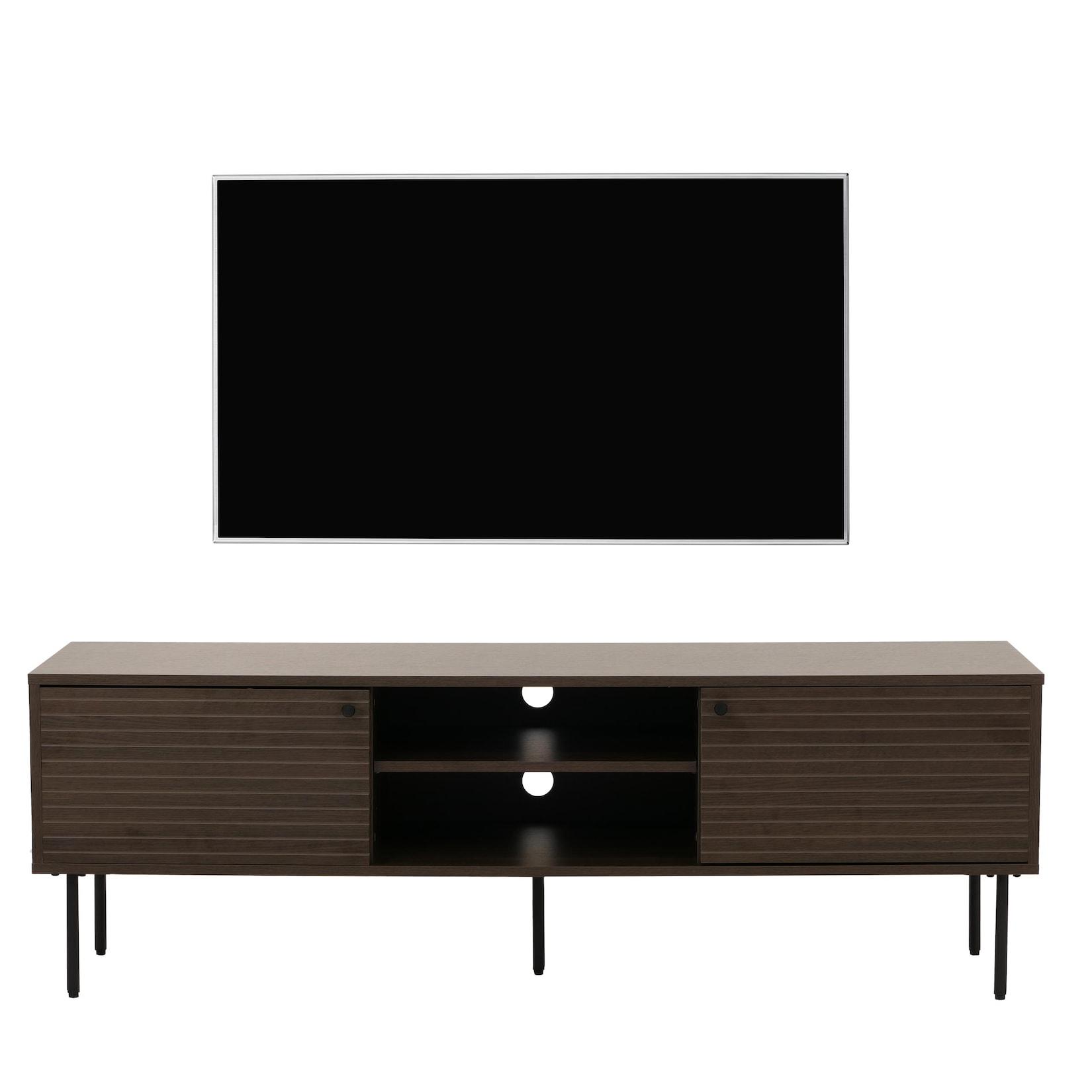 TV-Rack MCW-N78, Lowboard TV-Schrank, skandinavischer Stil Metall Holz Melamin MVG 50x150x40cm ~ dunkelbraun