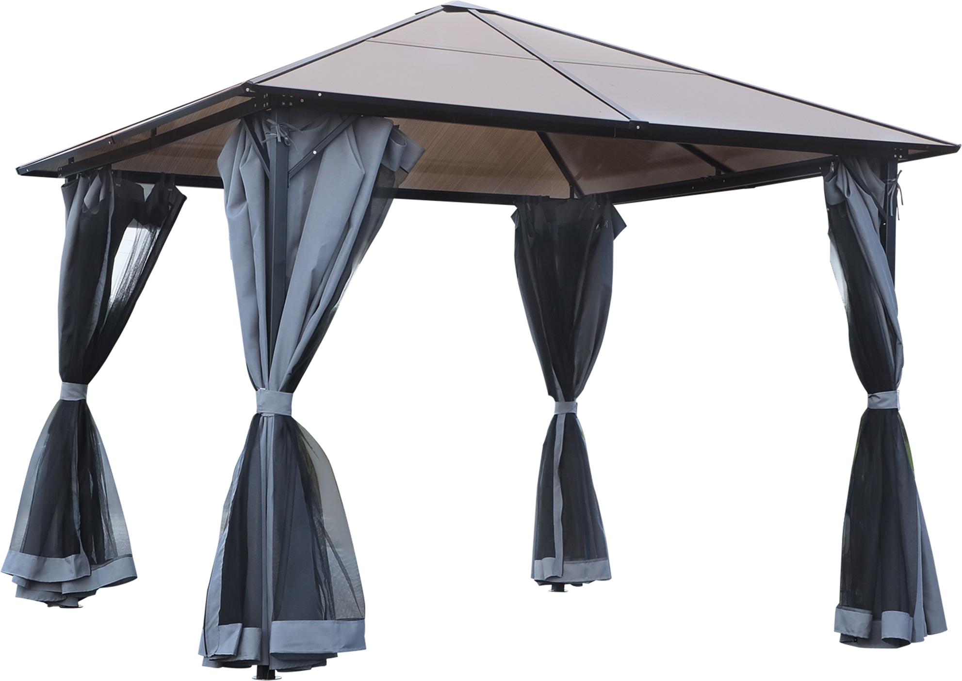Pavillon mit Polycarbonatdach, Vorhänge mit Fliegennetz, Alugestell, dunkelgrau, 3 x 3 m