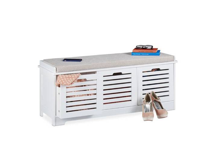 Relaxdays banc avec espace de rangement 3 paniers et coussin banquette cuisine garde robe HxlxP 44x105x35cm blan