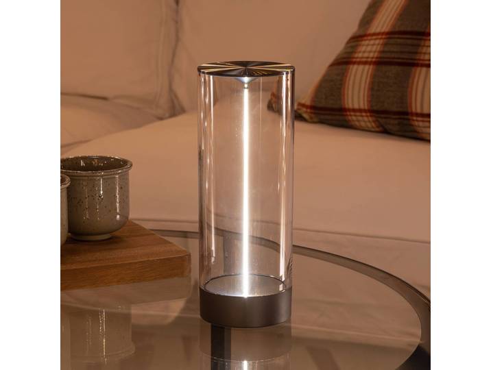 Konstsmide LED-Akku-Tischleuchte Edison, Höhe 24 cm, grau/klar, IP54 dimmbar, klar / transparent, für Wohn- / Esszimmer, Kunststoff, Modern