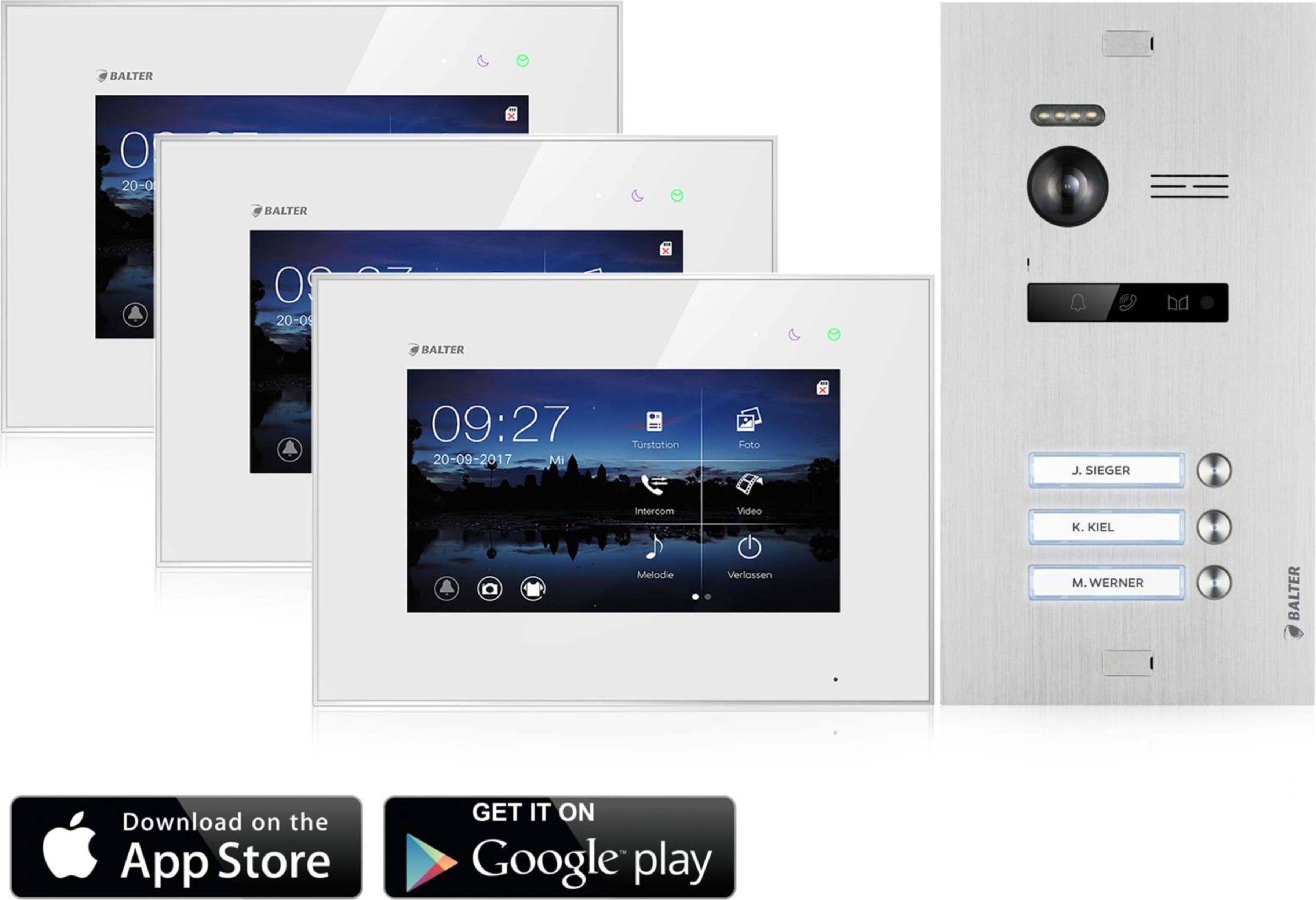 Video Türsprechanlage mit Smartphone App für 3 Familienhaus, 3x Monitore, Balter EVO WLAN