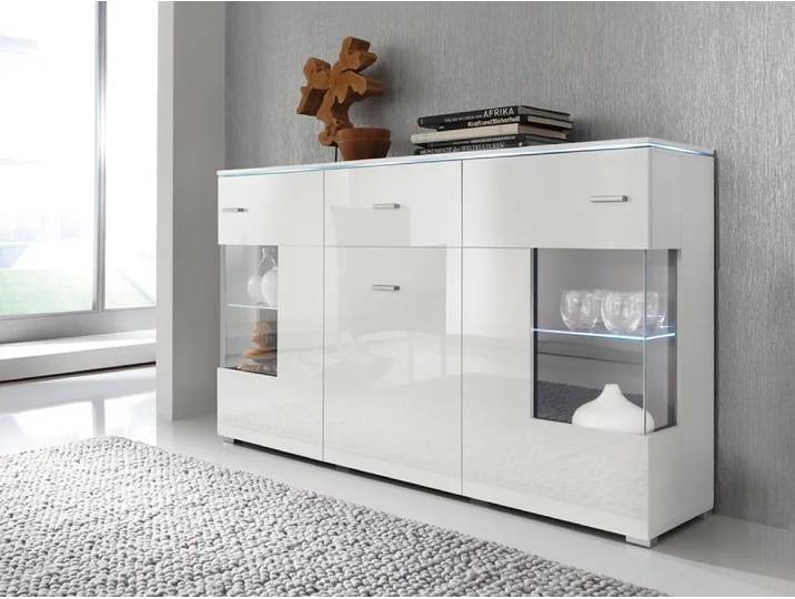 DB-Möbel Kommode Kommode VICKY in glanz Weiß Glamour Sideboard 150x91cm Schrank + LED