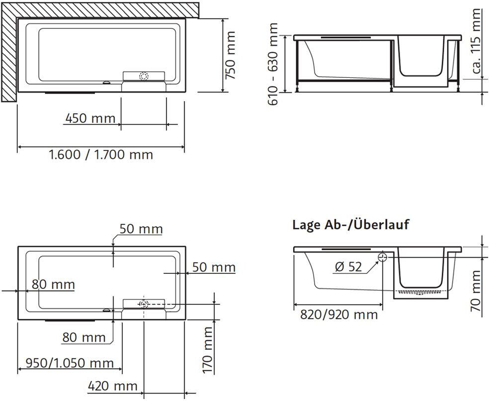 HSK Dusch-Badewanne Dobla 160 cm Einstieg rechts mit Antislip