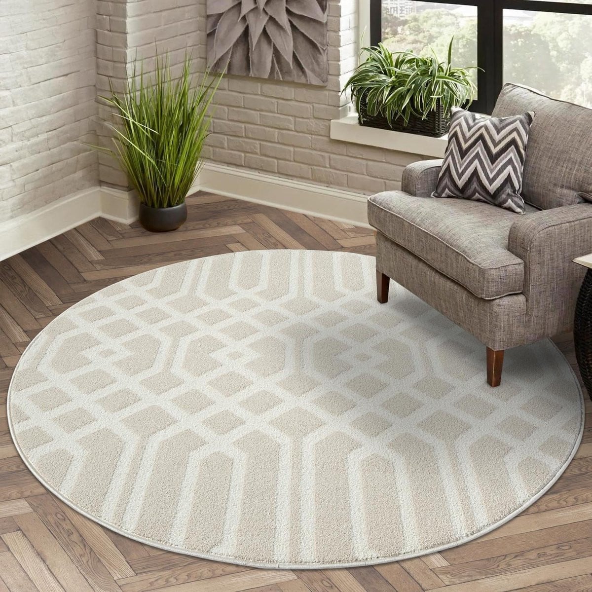 Modern Laagpolig Vloerkleed met 3D-effect Patroon, Rond, Beige