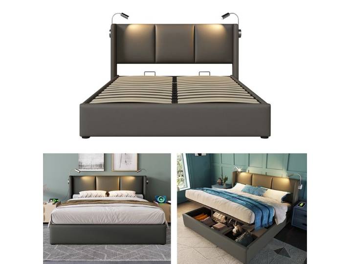 Lit double rembourré avec rangement - 160x200 cm - Gris - PU - Tête de lit avec lampe de lecture
